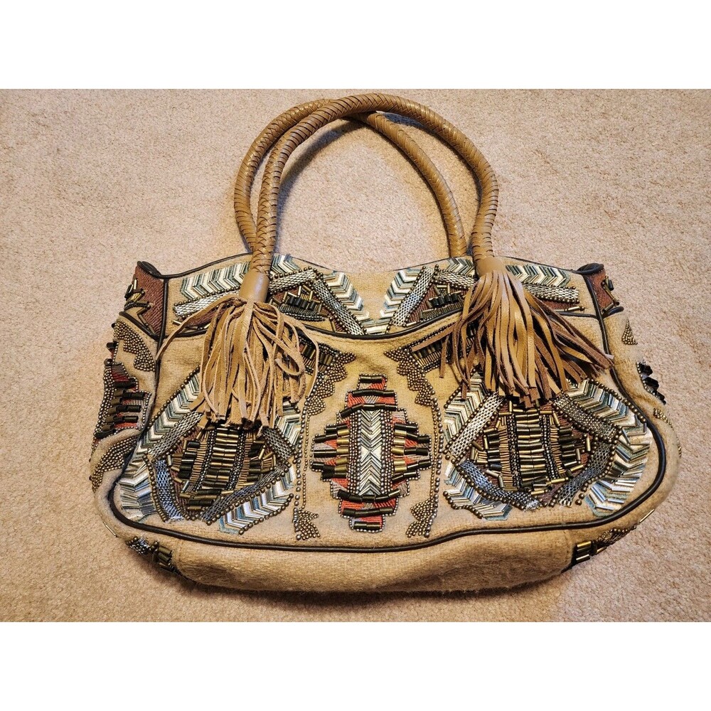 Boho Beaded Wool Leather Shoulder Bag Purse Vintage native American Indian